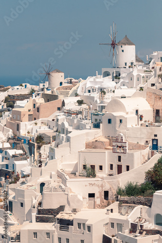 Classical view on the decoration and architecture of Oia village Santorini at sun weather