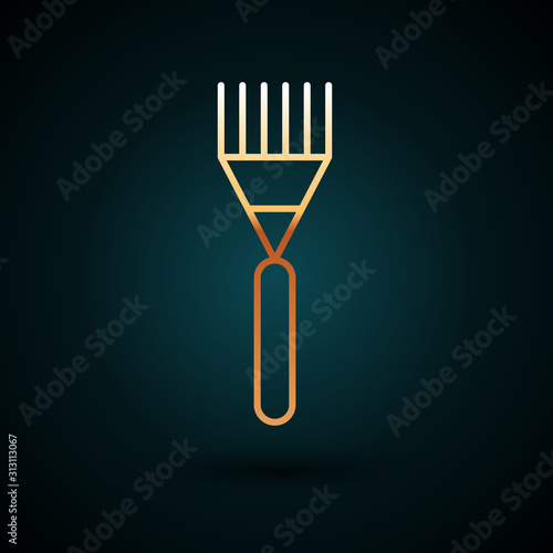 Gold line Garden rake icon isolated on dark blue background. Tool for horticulture, agriculture, farming. Ground cultivator. Housekeeping equipment. Vector Illustration