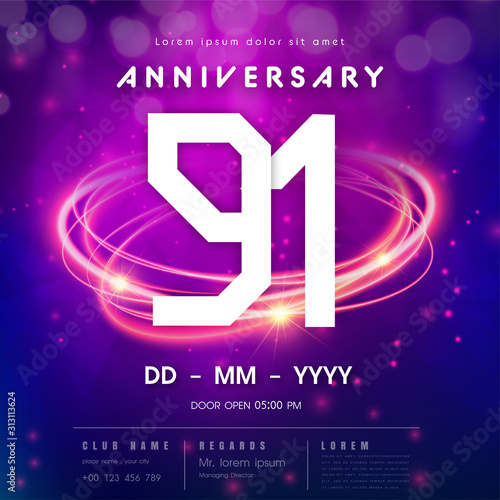 91 years anniversary logo template on purple Abstract futuristic space background. 91st modern technology design celebrating numbers with Hi-tech network digital technology concept design elements.