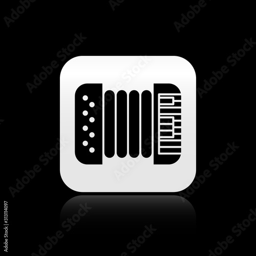 Black Musical instrument accordion icon isolated on black background. Classical bayan, harmonic. Silver square button. Vector Illustration