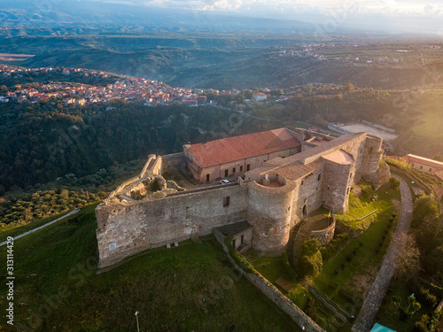 Aerial view of the Norman Swabian castle  Vibo Valentia  Calabria  Italy. Overview of the city seen from the sky  houses and rooftops
