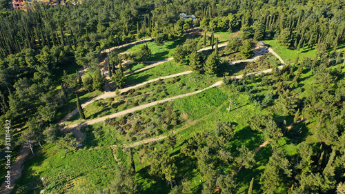 Aerial drone photo of famous park of Filadelfia or Philadelfia in a winter morning in the heart of Athens near Parnitha mountain, Attica, Greece