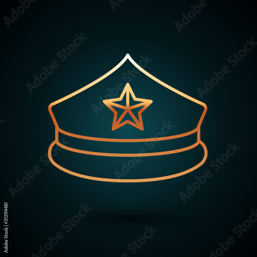 Gold line Police cap with cockade icon isolated on dark blue background. Police hat sign. Vector Illustration