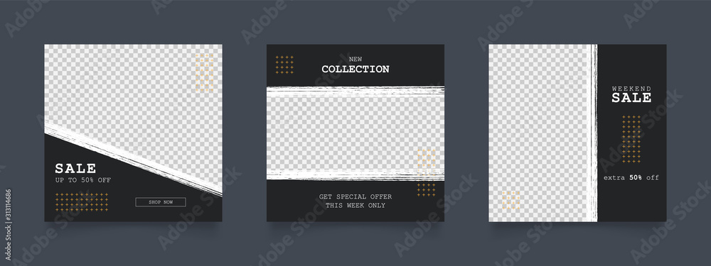social media post banner for fashion sale promotion. black and yellow color square frame poster. vector illustration. - obrazy, fototapety, plakaty 