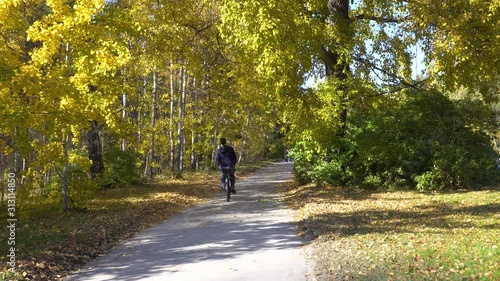Back view from man riding a bicycle on a bike path in in autumn city park. The asphalted path is covered with fallen yellow leaves. 4k footage.