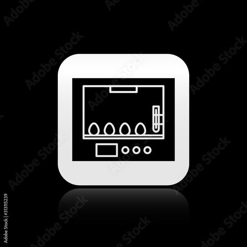 Black Incubator for eggs icon isolated on black background. Silver square button. Vector Illustration