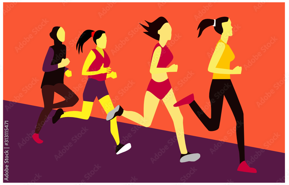 Women running, Marathon runners, Group of people running on orange background. Graphic vector. Women running, Marathon runners, Group of people running on orange background. Graphic vector.