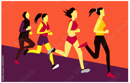 Women running, Marathon runners, Group of people running on orange background. Graphic vector.