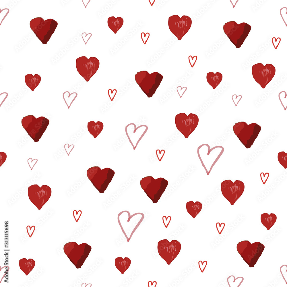 Valentine's day cute seamless pattern with hand drawn watercolor hearts. White background.
