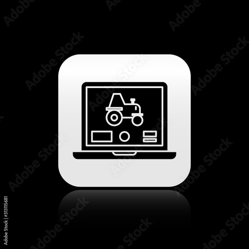 Black Laptop application for control a autonomous tractor on a smart farm icon isolated on black background. Smart agriculture implement. Silver square button. Vector Illustration