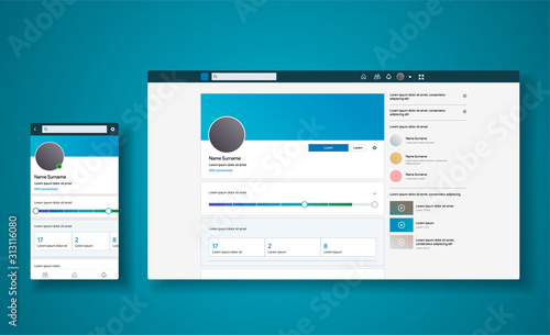 CV profile inspired by Linkedin style app. Responsive interface design for smartphone and web. Social media for search offer, employee, work or Jobs in. Linked Vector illustration. photo