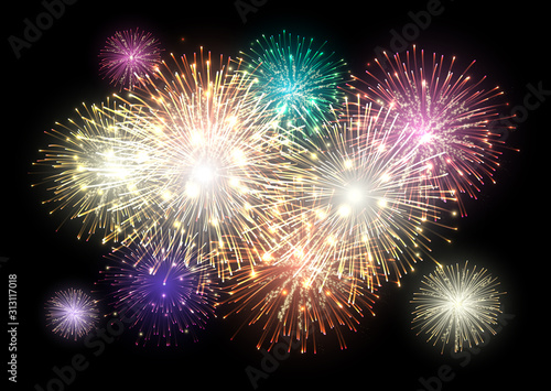 New Year design! Shining Fireworks with golden ring.