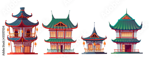 Chinese house building cartoon vector illustration. Traditional China or Japan architecture, characteristic city buildings, pagoda, religious temple or palace, isolated on white background