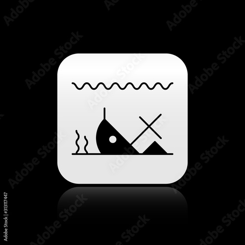 Black Sunken ship at the bottom of the sea icon isolated on black background. Silver square button. Vector Illustration