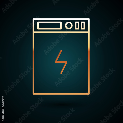 Gold line Power bank icon isolated on dark blue background. Portable charging device. Vector Illustration