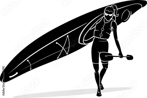 Woman Carrying Kayak Boat on her Shoulders