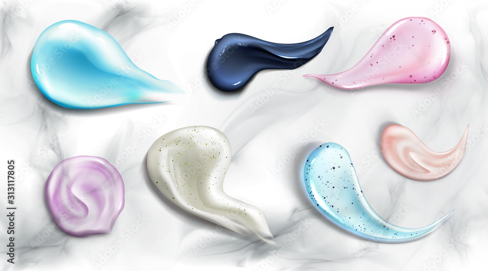 Cosmetic cream and scrub smear realistic set vector illustrations Cosmetic cream and scrub smear realistic set vector illustrations