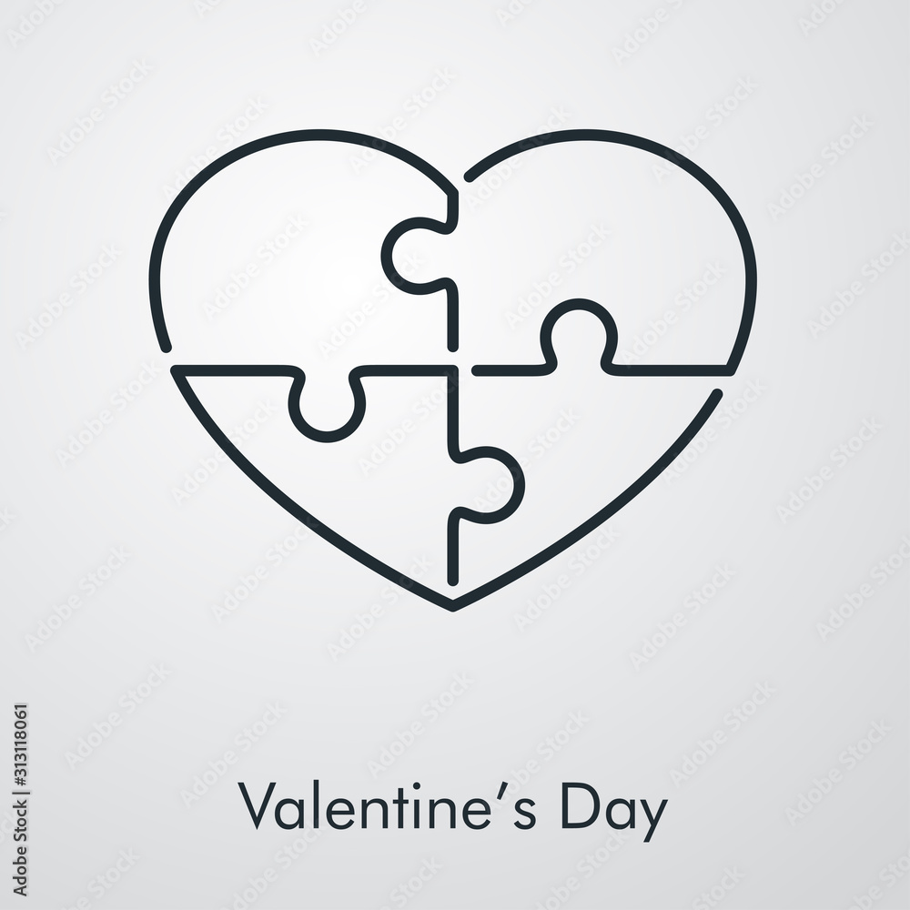 Día de san Valentín. Icono plano lineal corazón piezas puzzle en fondo gris Stock Vector | Adobe Stock
