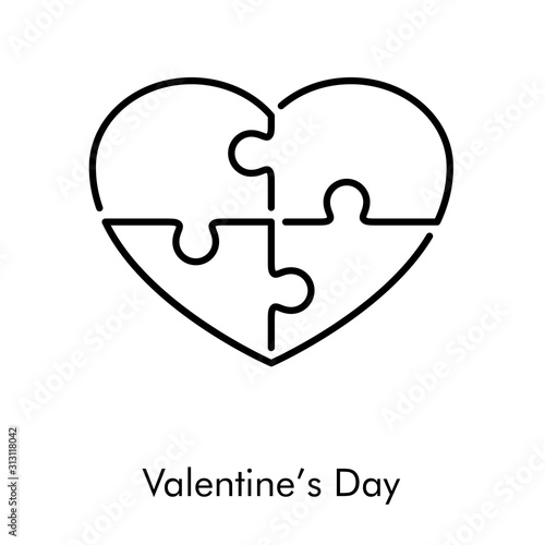 Día de san Valentín. Icono plano lineal corazón con piezas de puzzle en color negro