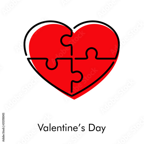 Día de san Valentín. Icono plano lineal corazón con piezas de puzzle con color rojo