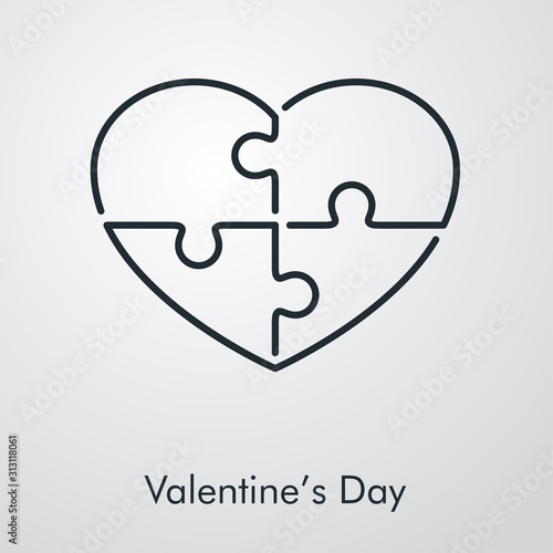 Día de san Valentín. Icono plano lineal corazón con piezas de puzzle en fondo gris
