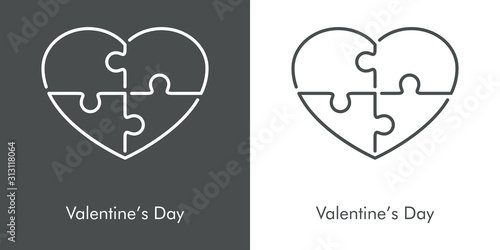 Día de san Valentín. Icono plano lineal corazón con piezas de puzzle en fondo gris y fondo blanco