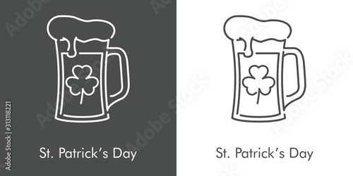 Día de San Patricio. Icono plano lineal jarra de cerveza de cristal con espuma con trébol en fondo gris y fondo blanco