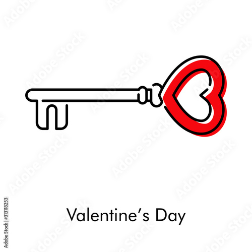 Día de san Valentín. Icono plano lineal llave vintage con forma de corazón con color rojo