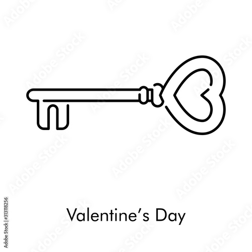 Día de san Valentín. Icono plano lineal llave vintage con forma de corazón en color negro