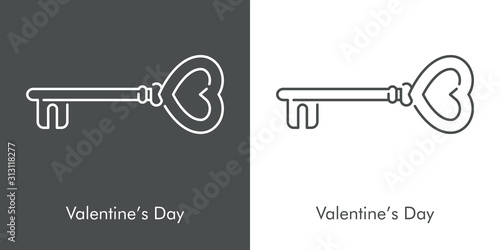 Día de san Valentín. Icono plano lineal llave vintage con forma de corazón en fondo gris y fondo blanco