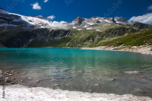 lake in mountains with snow photo