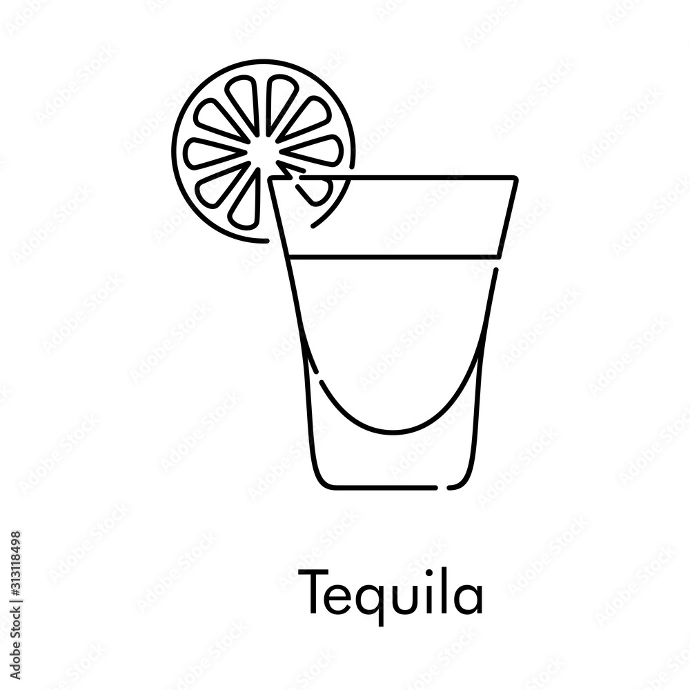 Icono plano lineal vaso de tequila con rebanada de lima en color negro