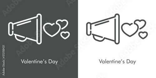 Día de san Valentín. Icono plano lineal megáfono con corazones en fondo gris y fondo blanco