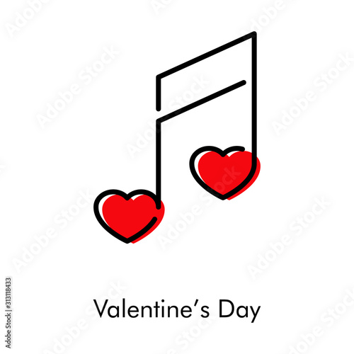 Día de san Valentín. Icono plano lineal corazones sobre nota musical con color rojo