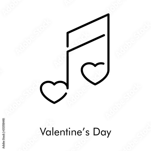Día de san Valentín. Icono plano lineal corazones sobre nota musical en color negro