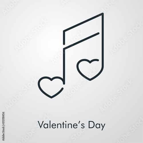 Día de san Valentín. Icono plano lineal corazones sobre nota musical en fondo gris