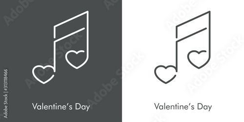 Día de san Valentín. Icono plano lineal corazones sobre nota musical en fondo gris y fondo blanco