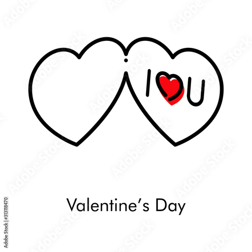 Día de san Valentín. Icono plano lineal tarjeta de felicitación con corazones con texto I LOVE YOU con color rojo