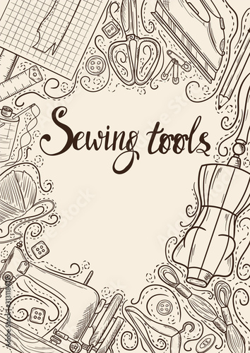 Tailor or dressmaker work and fashion designer atelier sketch items. Vector sewing illustration in retro vintage style