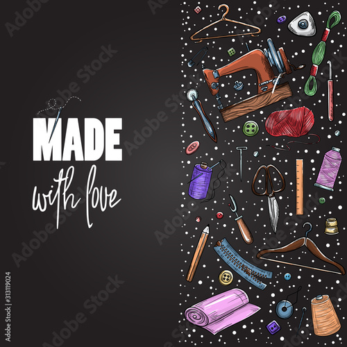 Tailor or dressmaker work and fashion designer atelier sketch items. Vector sewing illustration in retro vintage style on blackboard.