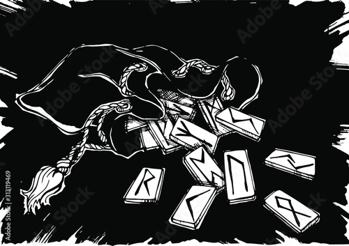 Vector hand drawn monachrome illustration of bag with runes . Mysticism, divination, predictions, occultism. Black and white graphic