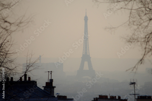View of the Eiffel Tower and Parisian rooftops. Fog in the air caused by pollution. 
