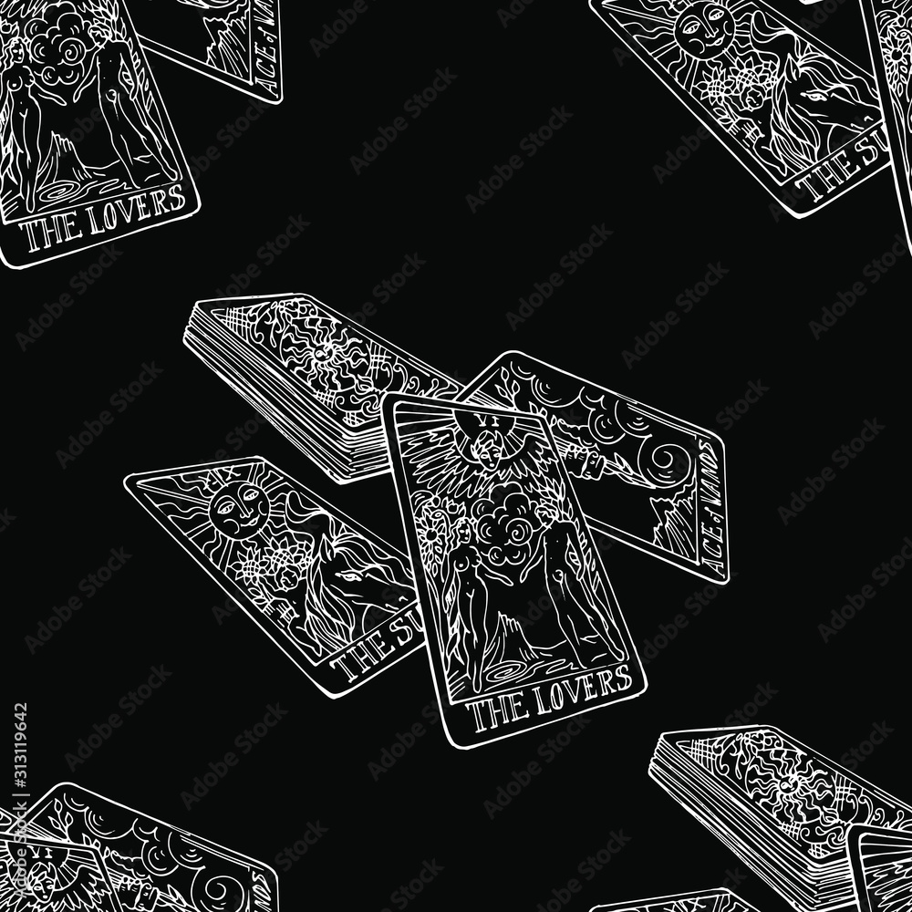 Vector seamless pattern in chalk style : hand drawn linear white tarot  cards on black. Mysticism, divination, predictions, occultism. Monochrome  design for textile, fabric, wrapping paper. vector de Stock | Adobe Stock