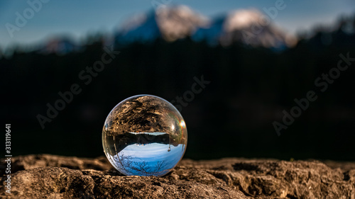 Crystal ball alpine landscape shot at the famous Hintersee, Ramsau, Berchtesgaden, Bavaria, Germany © Martin Erdniss