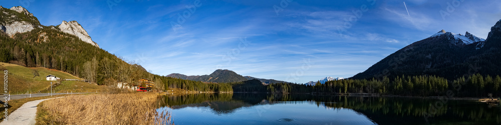 High resolution stitched panorama of a beautiful alpine view with reflections at the famous Hintersee, Ramsau, Berchtesgaden, Bavaria, Germany