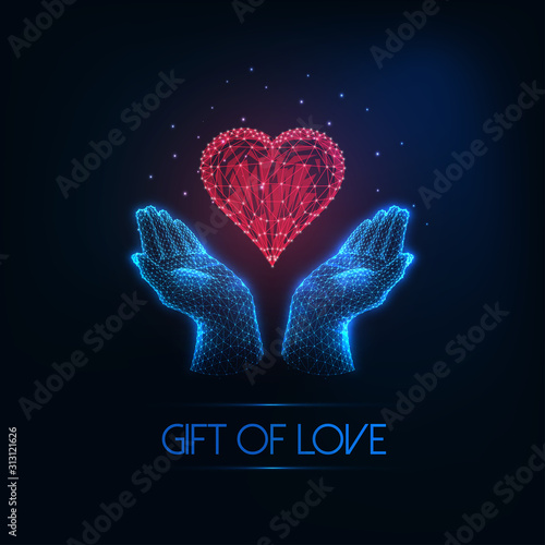 Futuristic valentines day greeting card with glowing low polygonal human hands holding red heart