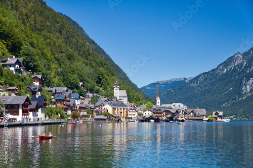 lake and town Hallstatt with boat