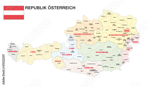 new administrative and political map of austria in german language, 2020