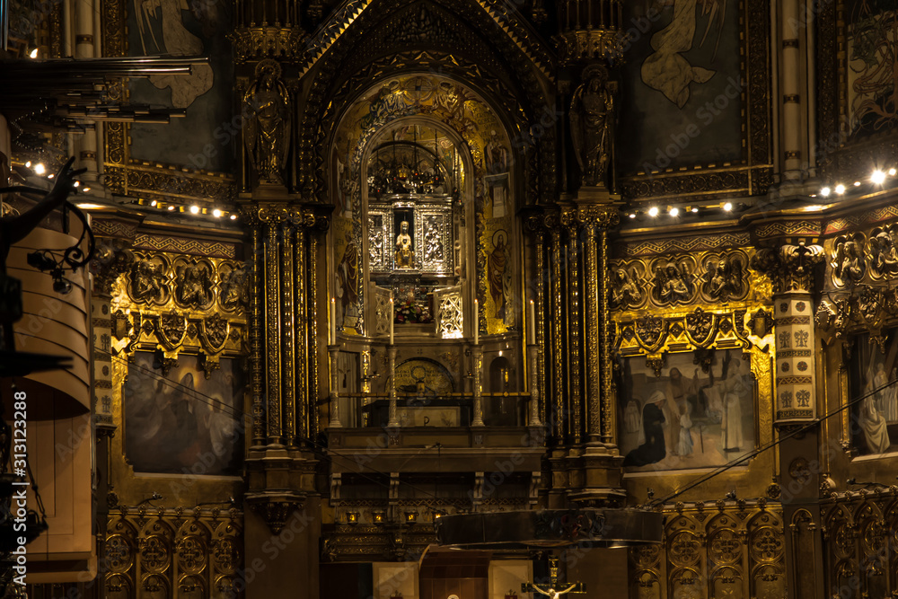 Montserrat, Spain, June 23, 2019: Interior of the Basilica of Montserrat in Spain with the statue of the Black Madonna