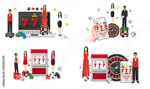 Casino set with waiters serving people in the casino